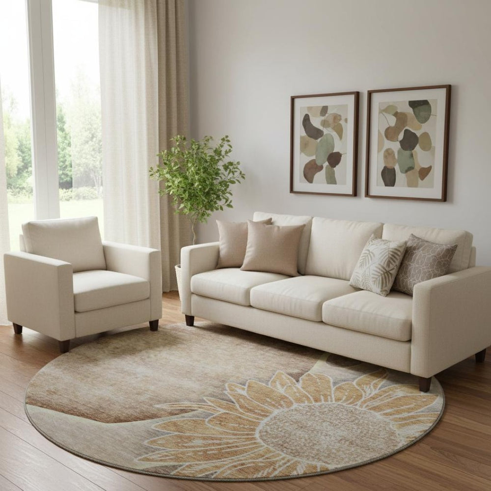 HomeRoots 8' Washable Round Rug in Brown & Beige Floral Design - UV Protected, Stain Resistant, Durable & Stylish 656786