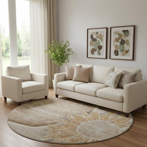 HomeRoots 8' Washable Round Rug in Brown & Beige Floral Design - UV Protected, Stain Resistant, Durable & Stylish 656786