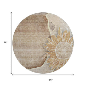 HomeRoots 8' Washable Round Rug in Brown & Beige Floral Design - UV Protected, Stain Resistant, Durable & Stylish 656786