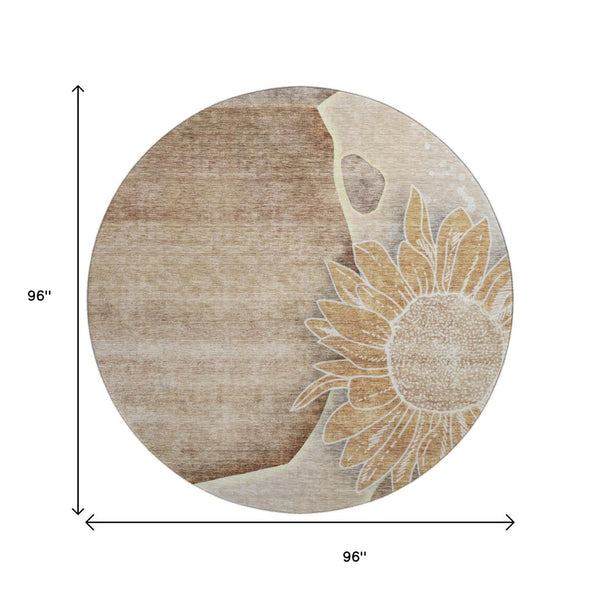 HomeRoots 8' Washable Round Rug in Brown & Beige Floral Design - UV Protected, Stain Resistant, Durable & Stylish 656786
