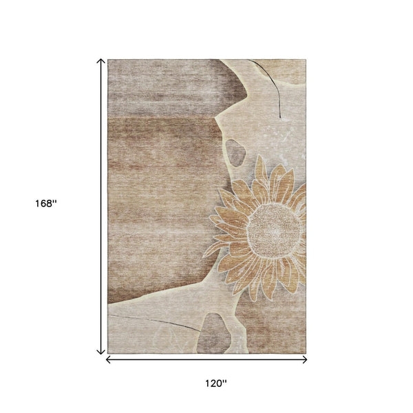 HomeRoots 10' Brown and Beige Floral Washable Area Rug with UV Protection - Durable, Stain-Resistant Design 656789