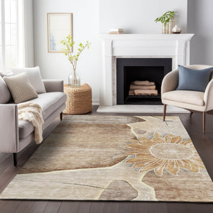 HomeRoots 10' Brown and Beige Floral Washable Area Rug with UV Protection - Durable, Stain-Resistant Design 656789
