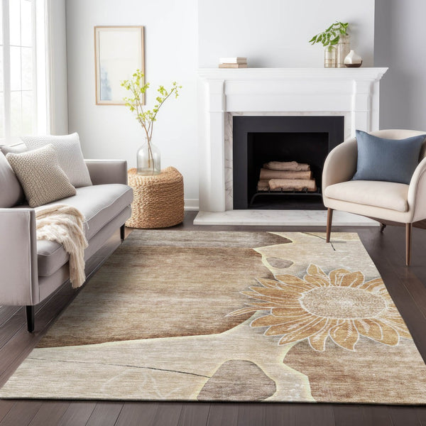 HomeRoots 10' Brown and Beige Floral Washable Area Rug with UV Protection - Durable, Stain-Resistant Design 656789