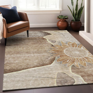HomeRoots 10' Brown and Beige Floral Washable Area Rug with UV Protection - Durable, Stain-Resistant Design 656789