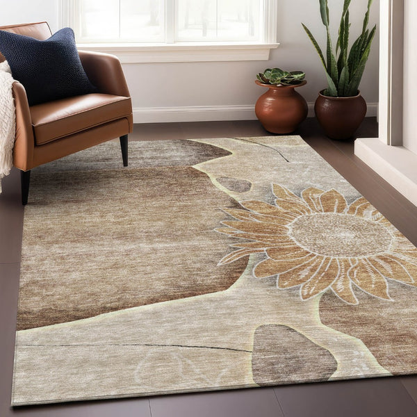 HomeRoots 10' Brown and Beige Floral Washable Area Rug with UV Protection - Durable, Stain-Resistant Design 656789