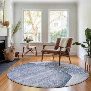HomeRoots 8' Blue and Ivory Floral Round Rug - Durable, Washable, UV-Protected for Elegant Home Decor 656792