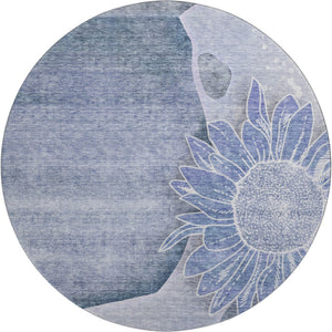 HomeRoots 8' Blue and Ivory Floral Round Rug - Durable, Washable, UV-Protected for Elegant Home Decor 656792