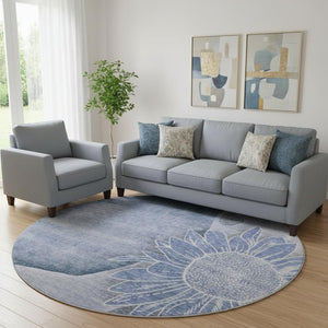 HomeRoots 8' Blue and Ivory Floral Round Rug - Durable, Washable, UV-Protected for Elegant Home Decor 656792