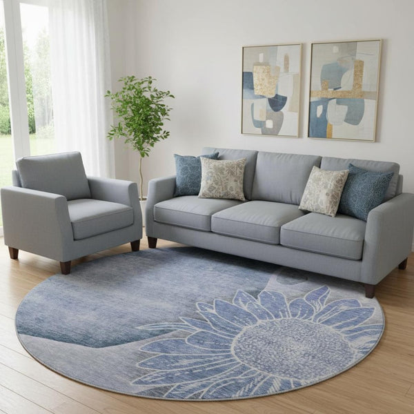HomeRoots 8' Blue and Ivory Floral Round Rug - Durable, Washable, UV-Protected for Elegant Home Decor 656792
