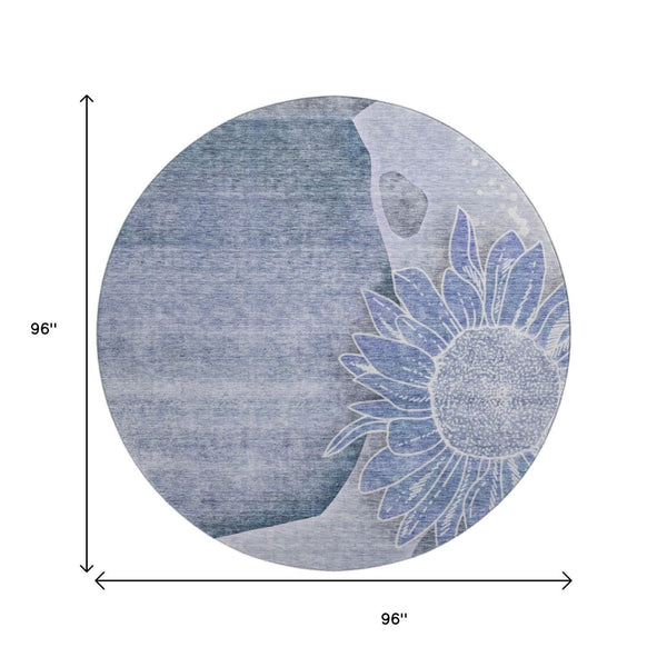 HomeRoots 8' Blue and Ivory Floral Round Rug - Durable, Washable, UV-Protected for Elegant Home Decor 656792