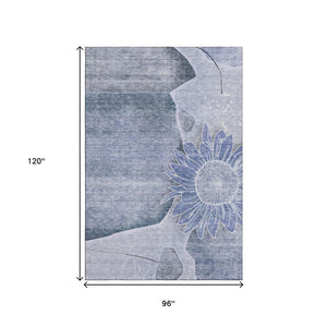 HomeRoots 8' X 10' Blue and Ivory Floral Area Rug - Washable, UV Protected, Durable for High-Traffic Homes 656793