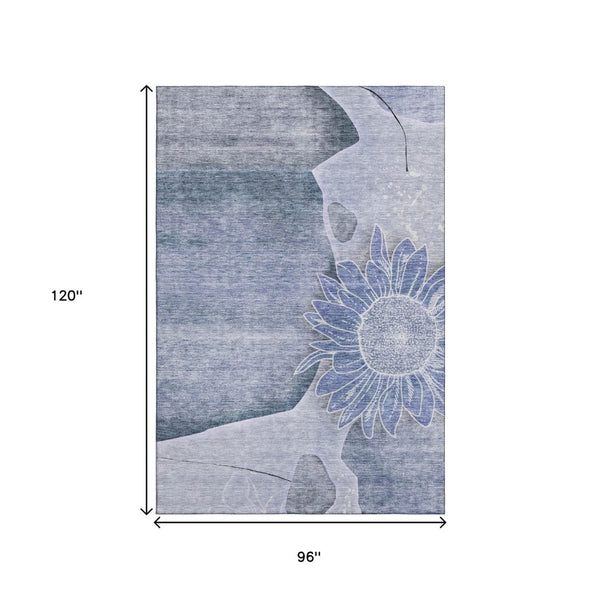 HomeRoots 8' X 10' Blue and Ivory Floral Area Rug - Washable, UV Protected, Durable for High-Traffic Homes 656793