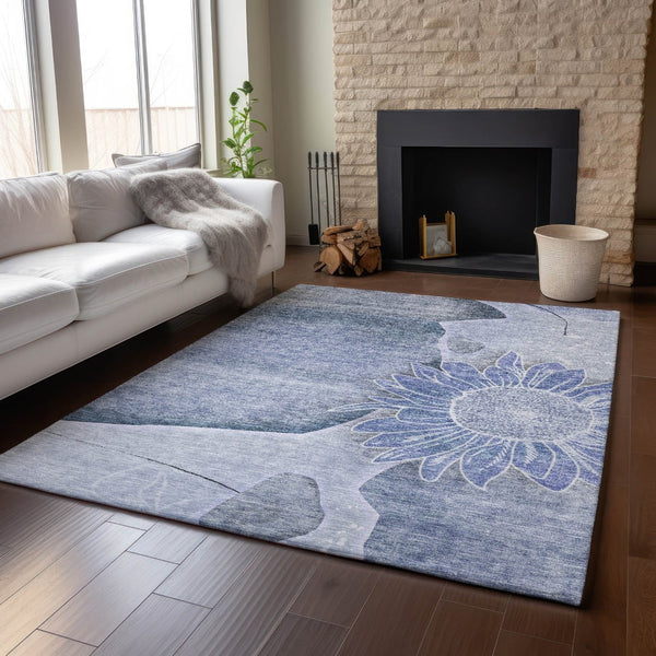 HomeRoots 8' X 10' Blue and Ivory Floral Area Rug - Washable, UV Protected, Durable for High-Traffic Homes 656793