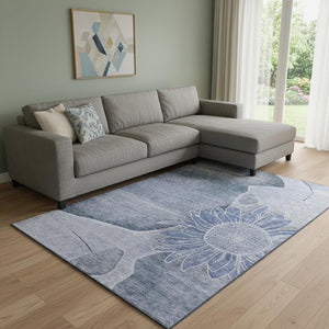 HomeRoots 8' X 10' Blue and Ivory Floral Area Rug - Washable, UV Protected, Durable for High-Traffic Homes 656793
