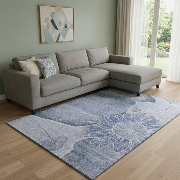HomeRoots 8' X 10' Blue and Ivory Floral Area Rug - Washable, UV Protected, Durable for High-Traffic Homes 656793