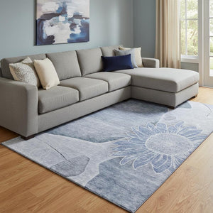 HomeRoots 9' X 12' Blue and Ivory Floral Area Rug - Washable, UV Protected, Durable Design for Busy Homes 656794