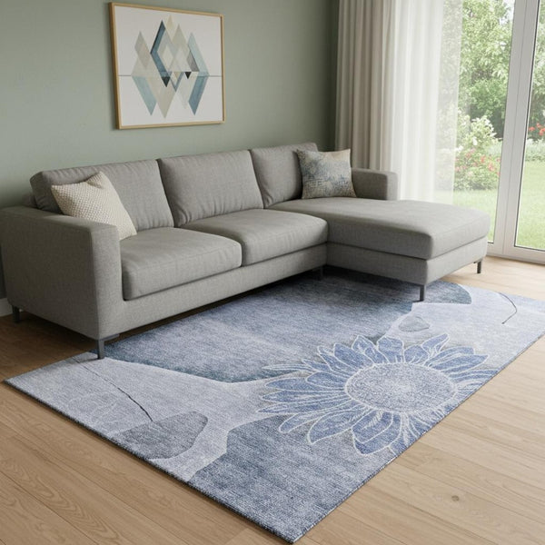 HomeRoots 10' Blue and Ivory Floral Area Rug – Washable, UV Protected, Stain Resistant for High-Traffic Spaces 656795