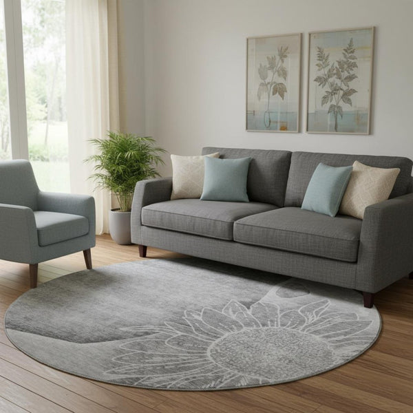 HomeRoots 8' Gray And Silver Floral Round Rug - Washable, UV Protected, Stain Resistant for Modern Spaces 656798
