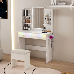 English Elm Vanity LED RGB Dressing Table with Power Outlets, Large Storage Drawers, 3 Light Modes & Stool W509P297013