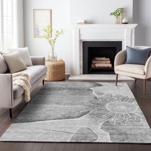 HomeRoots 9' X 12' Gray & Silver Floral Area Rug – Washable, Stain-Resistant, UV Protected for Modern Homes 656800
