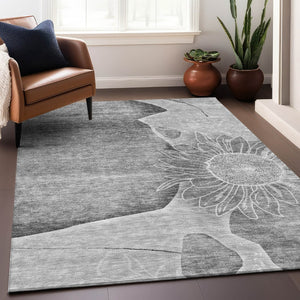 HomeRoots 9' X 12' Gray & Silver Floral Area Rug – Washable, Stain-Resistant, UV Protected for Modern Homes 656800