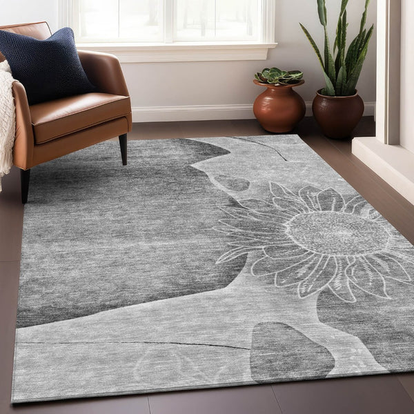 HomeRoots 9' X 12' Gray & Silver Floral Area Rug – Washable, Stain-Resistant, UV Protected for Modern Homes 656800
