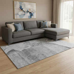 HomeRoots 9' X 12' Gray & Silver Floral Area Rug – Washable, Stain-Resistant, UV Protected for Modern Homes 656800