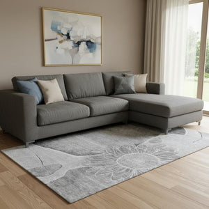 HomeRoots 10' Gray and Silver Floral Washable Area Rug - Stain-Resistant, UV Protected for High-Traffic Areas 656801