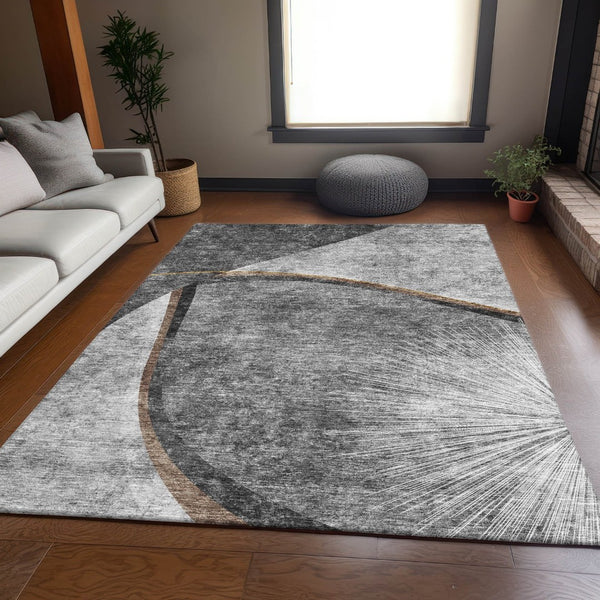 HomeRoots 5' X 8' Gray Silver and Gold Abstract Washable Area Rug – Stylish, Durable, UV-Protected for Homes! 656803