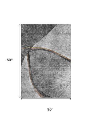 HomeRoots 5' X 8' Gray Silver and Gold Abstract Washable Area Rug – Stylish, Durable, UV-Protected for Homes! 656803
