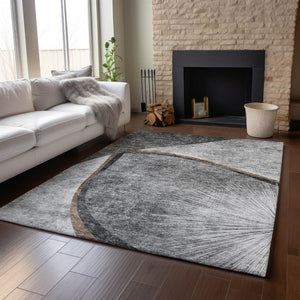 HomeRoots 5' X 8' Gray Silver and Gold Abstract Washable Area Rug – Stylish, Durable, UV-Protected for Homes! 656803
