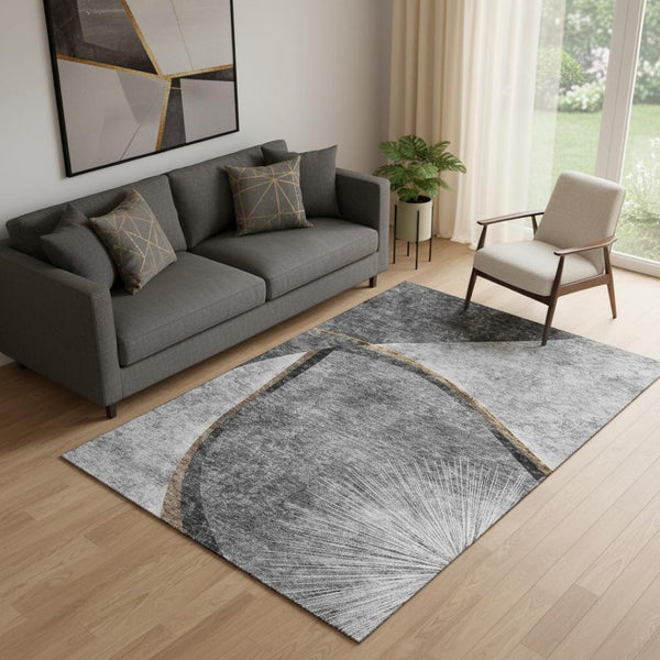HomeRoots 5' X 8' Gray Silver and Gold Abstract Washable Area Rug – Stylish, Durable, UV-Protected for Homes! 656803