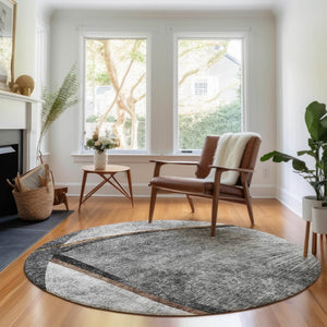 HomeRoots 8' Modern Gray Silver and Gold Abstract Washable Round Rug with UV Protection for Family Living 656804