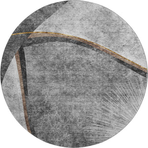 HomeRoots 8' Modern Gray Silver and Gold Abstract Washable Round Rug with UV Protection for Family Living 656804