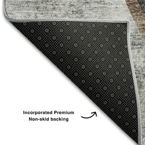 HomeRoots 8' Modern Gray Silver and Gold Abstract Washable Round Rug with UV Protection for Family Living 656804