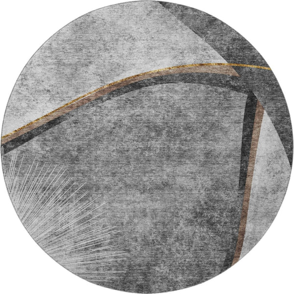 HomeRoots 8' Modern Gray Silver and Gold Abstract Washable Round Rug with UV Protection for Family Living 656804