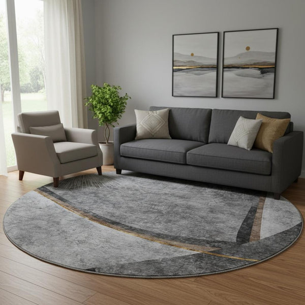 HomeRoots 8' Modern Gray Silver and Gold Abstract Washable Round Rug with UV Protection for Family Living 656804