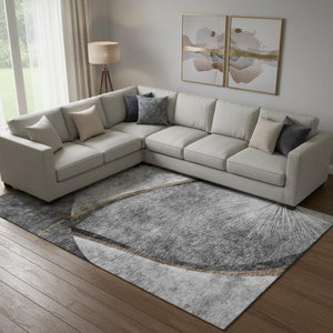 HomeRoots 8' X 10' Gray Silver Gold Abstract Washable Area Rug with UV Protection for Modern Homes & Families 656805