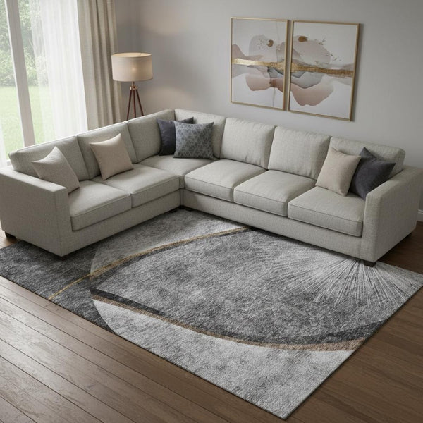 HomeRoots 8' X 10' Gray Silver Gold Abstract Washable Area Rug with UV Protection for Modern Homes & Families 656805