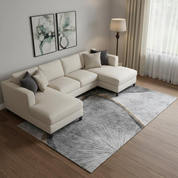 HomeRoots 9' X 12' Gray Silver Gold Abstract Area Rug - Washable, Stain-Resistant, UV Protected for Modern Homes 656806