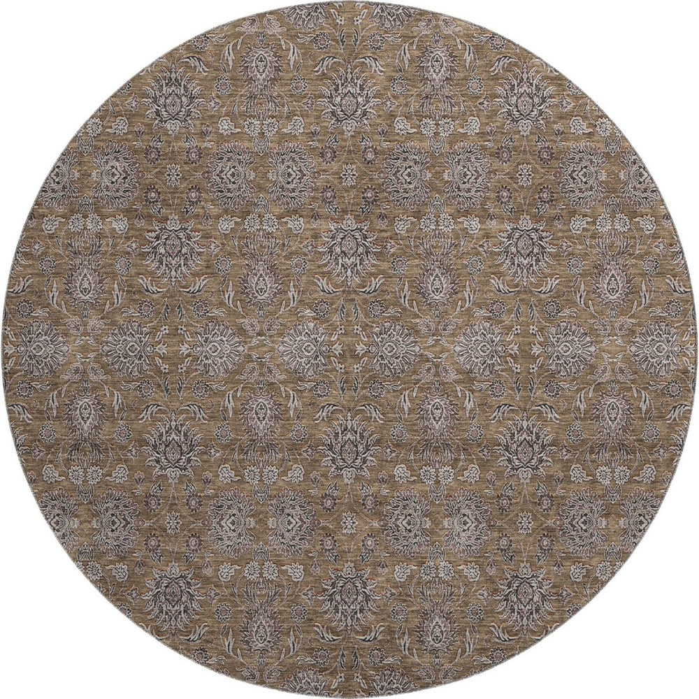 HomeRoots 8' Chocolate Gray & Charcoal Floral Washable Round Rug - Durable, Stain Resistant & UV Protected! 656810