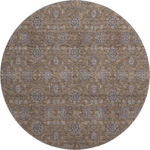 HomeRoots 8' Chocolate Gray & Charcoal Floral Washable Round Rug - Durable, Stain Resistant & UV Protected! 656810