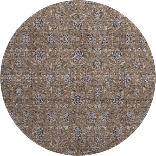 HomeRoots 8' Chocolate Gray & Charcoal Floral Washable Round Rug - Durable, Stain Resistant & UV Protected! 656810