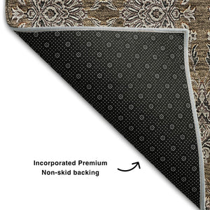 HomeRoots 8' Chocolate Gray & Charcoal Floral Washable Round Rug - Durable, Stain Resistant & UV Protected! 656810