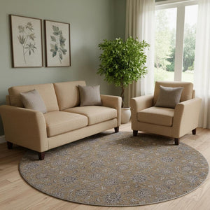 HomeRoots 8' Chocolate Gray & Charcoal Floral Washable Round Rug - Durable, Stain Resistant & UV Protected! 656810