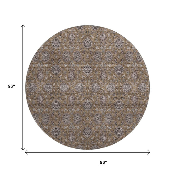 HomeRoots 8' Chocolate Gray & Charcoal Floral Washable Round Rug - Durable, Stain Resistant & UV Protected! 656810