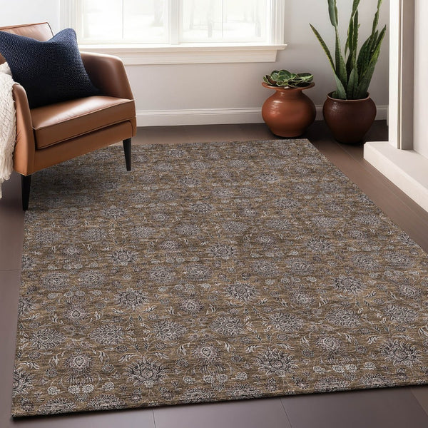 HomeRoots 8' X 10' Elegant Chocolate Gray & Charcoal Floral Washable Area Rug with UV Protection & Durability 656811