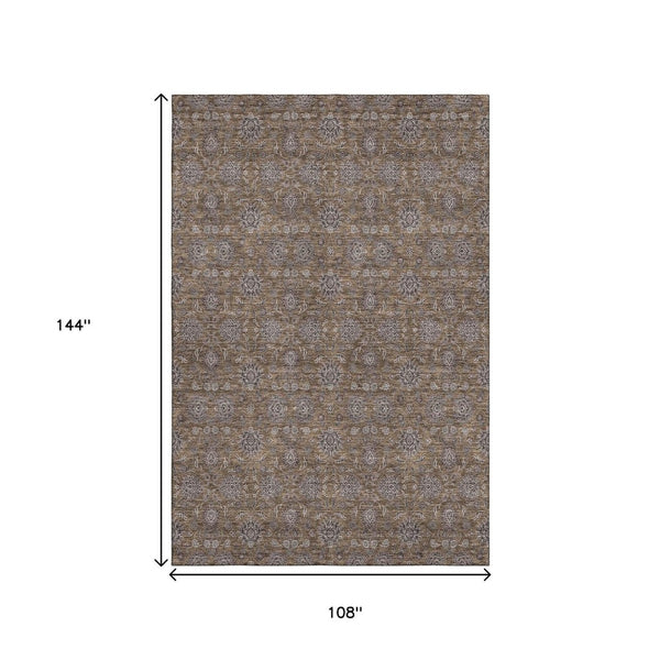 HomeRoots 9' X 12' Washable Chocolate Gray & Charcoal Floral Area Rug – Stylish, Durable, UV-Protected Design 656812
