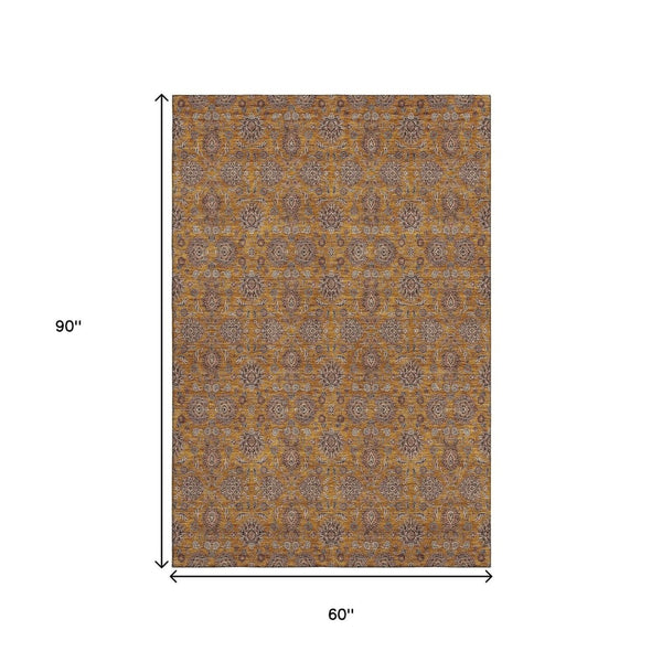 HomeRoots 5' Copper Beige and Gray Floral Area Rug – Durable, Washable, UV Protected for Everyday Living 656815