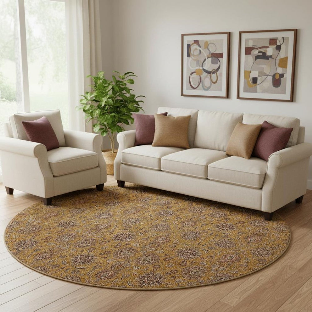 HomeRoots 8' Copper Beige and Gray Floral Washable Round Rug - UV Protected, Stain Resistant, Easy Care! 656816